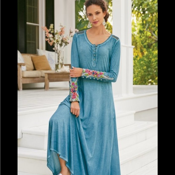 Soft Surroundings Denim Blue maxi dress with embroidery Medium - Picture 2 of 3